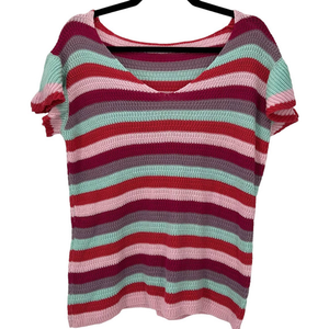 Crocheted Striped Short Sleeve Sweater with Ruffle‎ Sleeves Size Small